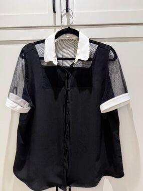Anne Fontaine Black Sheer Mesh Blouse White Collar Cuffs Size 46 / US 14